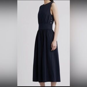 FRAME Sleeveless Organic Cotton Midi Dress with Banded Waist in Navy Blue XS
